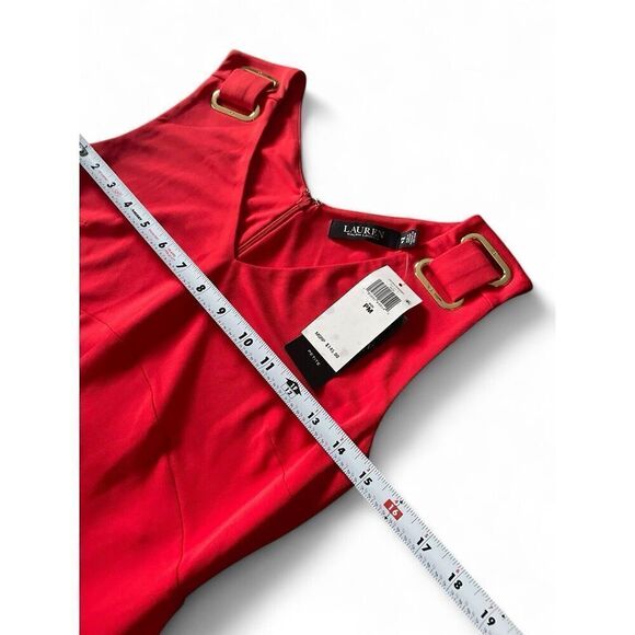 NWT RALPH LAUREN Womens  V Neck Midi Red RUFFLED SheathDress Sz PM Size PM/M NEW - Picture 7 of 10